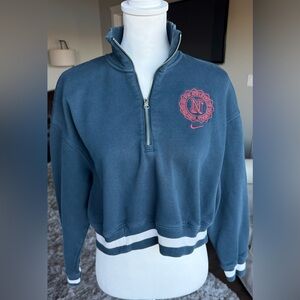 Nike MEDIUM Navy Half-Zip Cropped Sweatshirt with Red Logo Front and Back